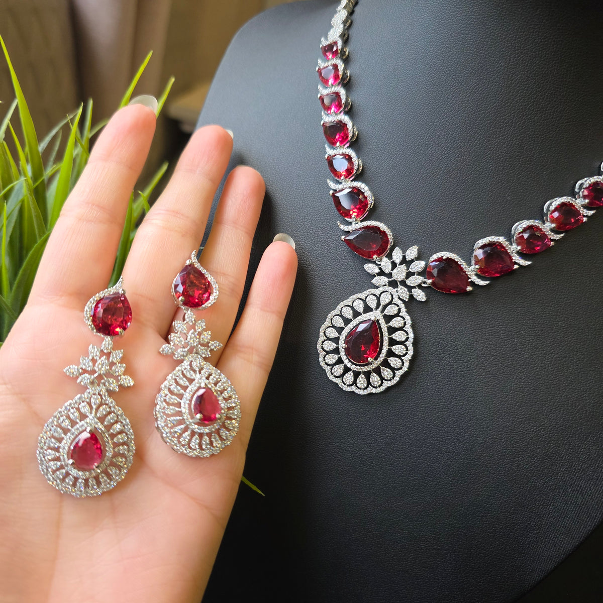 Mirca - Ruby Red Necklace Set with Earrings