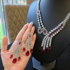 Lab-Grown Garnet Necklace Set with Cubic Zirconia – White Gold Plated