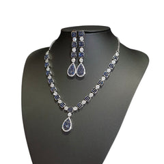 Blue Sapphire Necklace Set with Cubic Zirconia – White Gold Plated