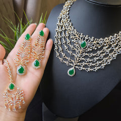 Linda - Gold Emerald Statement Necklace Set with Earrings & Tika