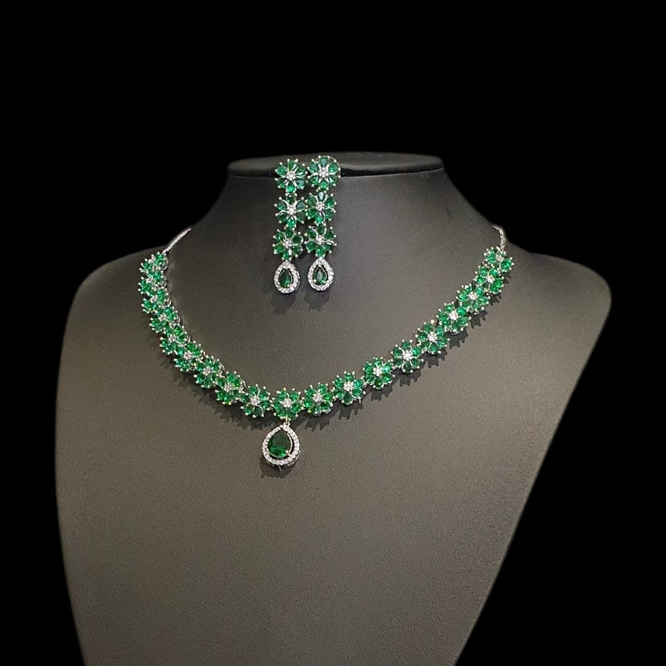 Emerald Green Necklace Set With Cubic Zirconia - White Gold Plated