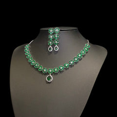 Emerald Green Necklace Set With Cubic Zirconia - White Gold Plated