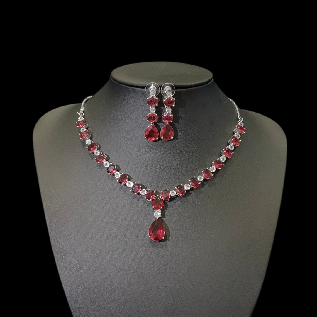 Garnets Necklace Set With Cubic Zirconia - White Gold Plated
