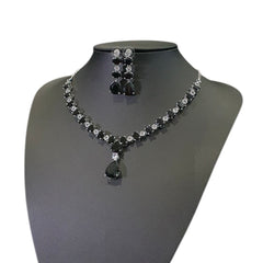 Black Quartz Necklace Set With Cubic Zirconia - White Gold Plated