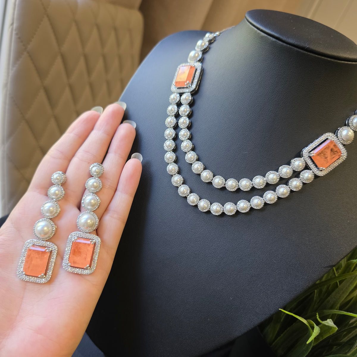 Ivy - Orange Sapphire Double layered Pearls Necklace set with Earrings