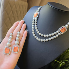 Ivy - Orange Sapphire Double layered Pearls Necklace set with Earrings