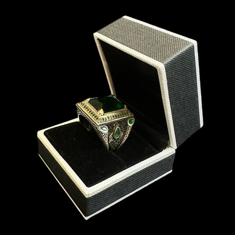 925 Silver Turkish Mens Ring with Emerald Green Gemstone (Size: U)