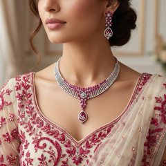 Adda - Bold Rubies Hot Pink Necklace Set With Earrings