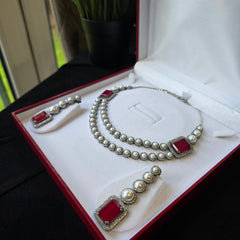 Ivy - Ruby Red Double layered Pearls Necklace set with Earrings