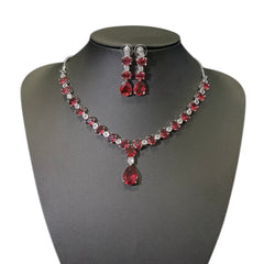 Garnets Necklace Set With Cubic Zirconia - White Gold Plated