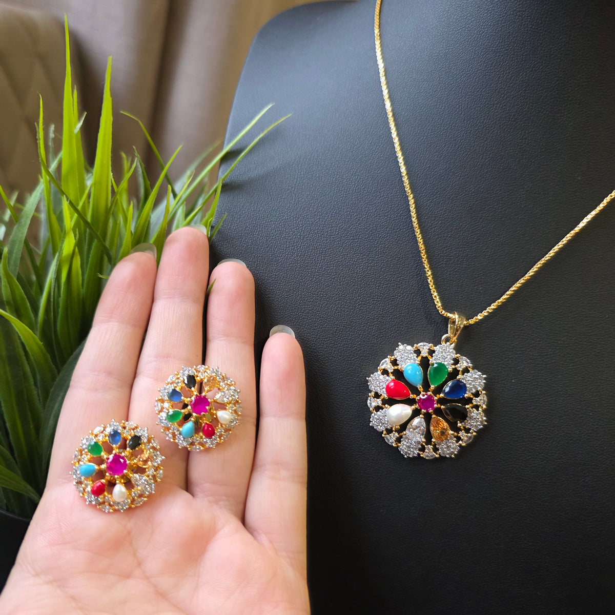 Misha - Gold Gemstones Pendant Necklace Set with Earrings