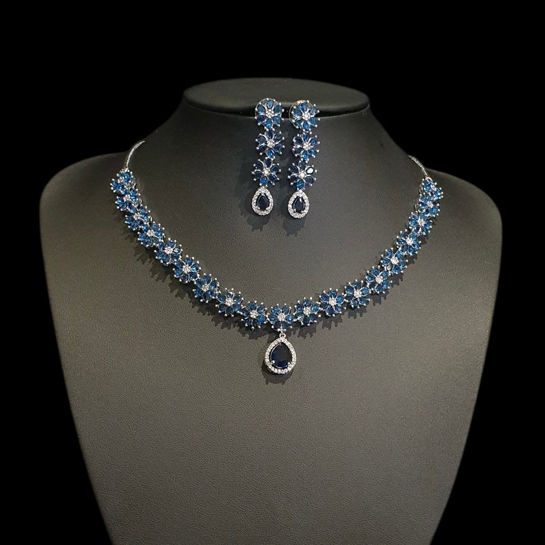 Blue Sapphires Necklace Set With Cubic Zirconia - White Gold Plated