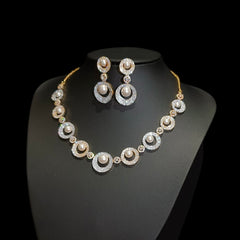 Pearl Necklace Set with Cubic Zirconia – Two-Tone White & Yellow Gold Plated