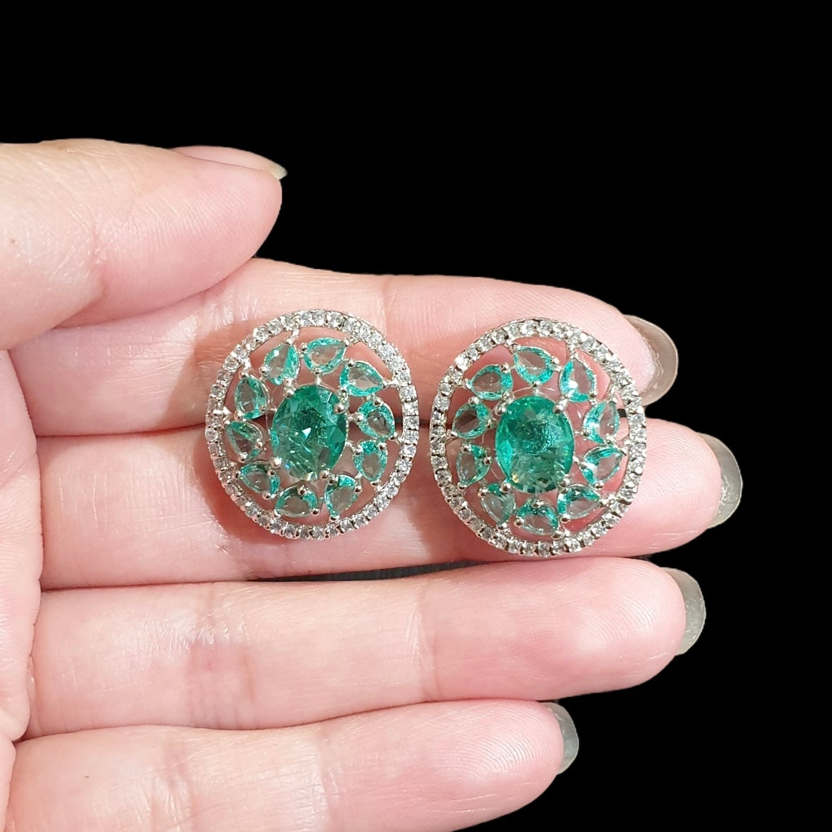 Light Green Topaz Stud Earrings With Cubic Zirconia - White Gold Plated