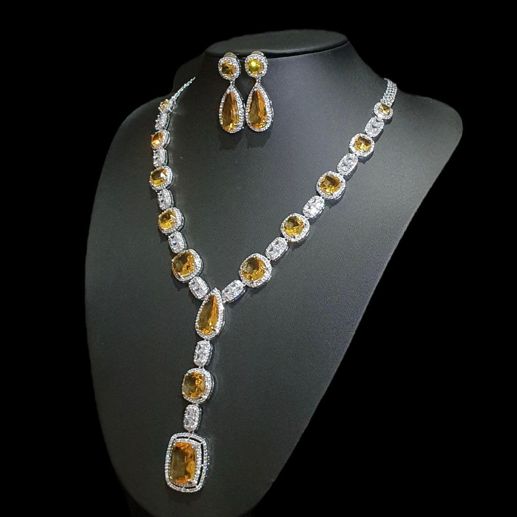 Yellow Citrine Necklace Set – White Gold Plated with Cubic Zirconia