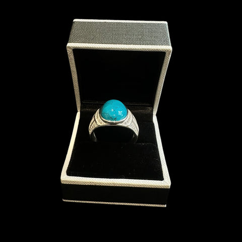 925 Silver Turkish Mens Ring With Turquoise Gemstone (Size: V)