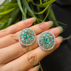 Light Green Topaz Stud Earrings With Cubic Zirconia - White Gold Plated
