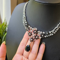 Iriana - Floral Black Stones Silver Necklace Set With Earrings