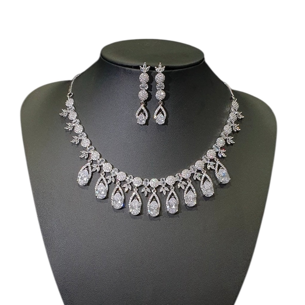 Clear Cubic Zirconia Necklace Set - White Gold Plated