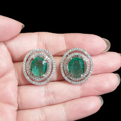 Green Topaz Stud Earrings With Cubic Zirconia - White Gold Plated