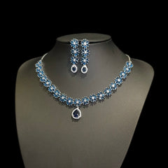 Blue Sapphires Necklace Set With Cubic Zirconia - White Gold Plated