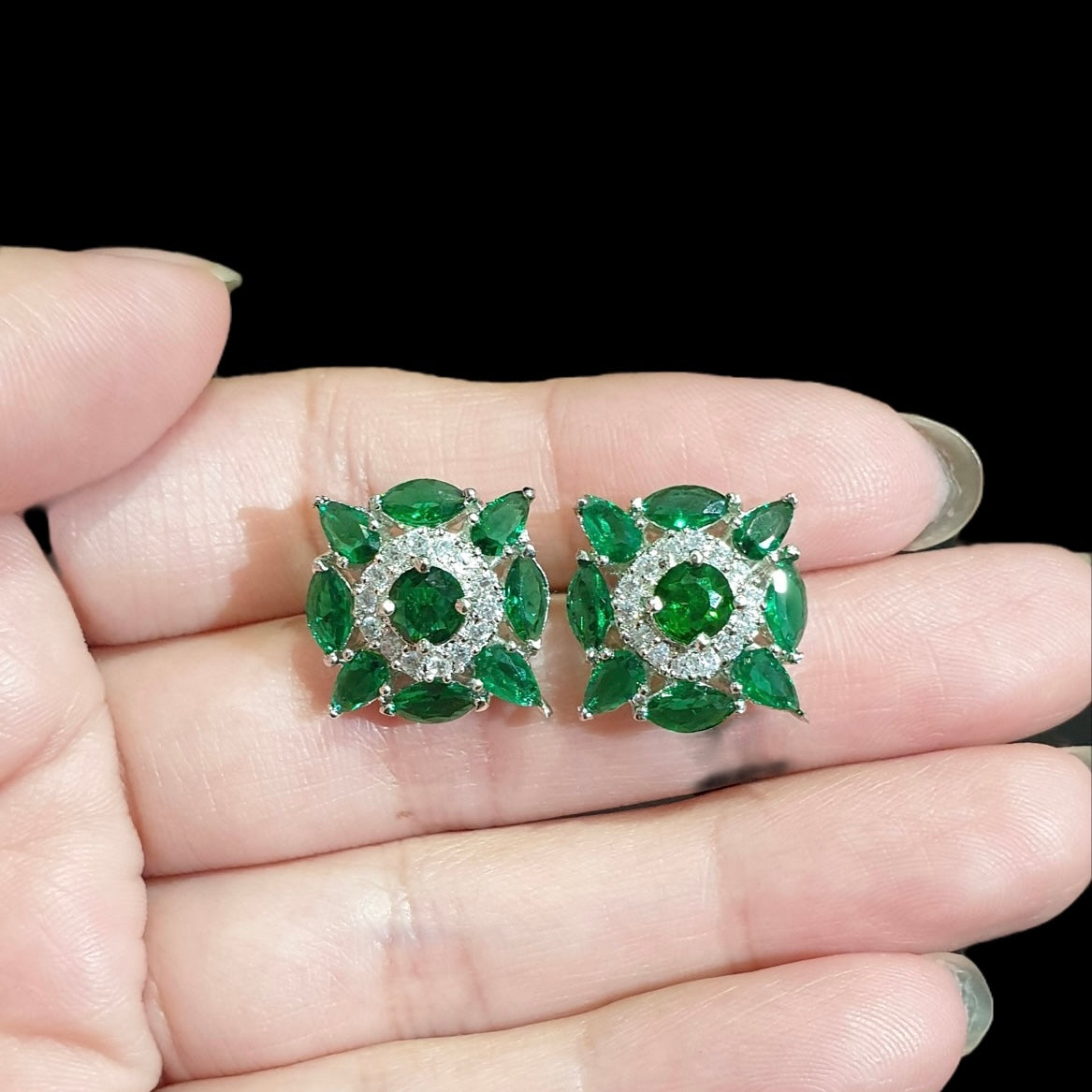 Emerald Green Stud Earrings With Cubic Zirconia - White Gold Plated