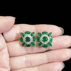 Emerald Green Stud Earrings With Cubic Zirconia - White Gold Plated