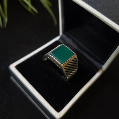 925 Silver Turkish Mens Ring With Green Onyx Gemstone (Size: U) Hallmarked