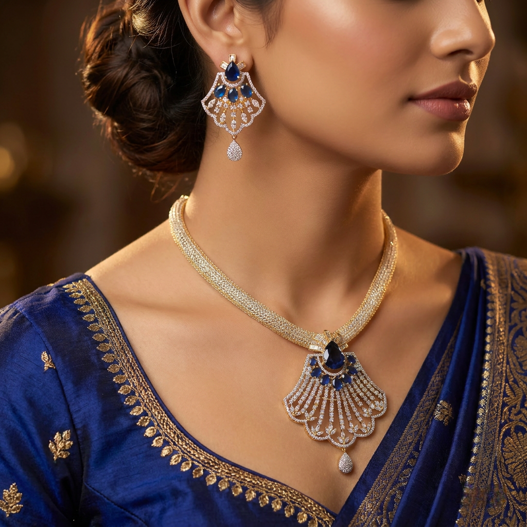 Remi - Gold Sapphire Blue Pendant Set with Earrings