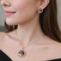 Misha - Gold Gemstones Pendant Necklace Set with Earrings