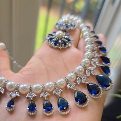Aria - Timeless Pearls & Sapphires Blue Necklace set with Earrings
