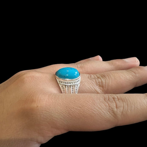 925 Silver Turkish Mens Ring With Turquoise Gemstone (Size: V)