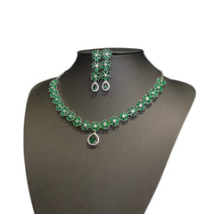 Emerald Green Necklace Set With Cubic Zirconia - White Gold Plated