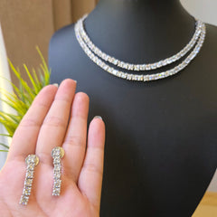 Krona - Dazzling White Gold Cubic Zirconia Double Layered Necklace Set With Earrings