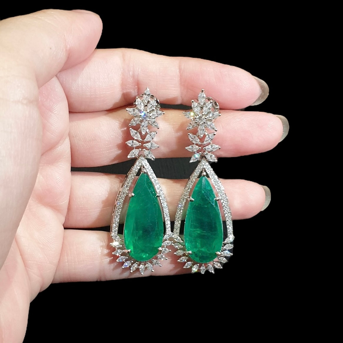 Elegant Green Topaz Earrings With Cubic Zirconia - White Gold Plated