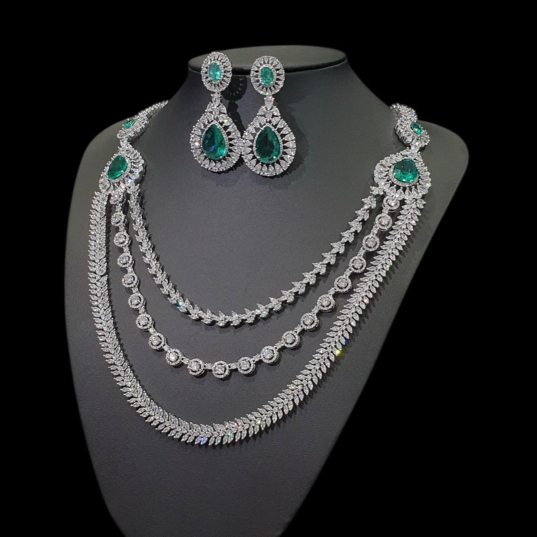 Green Topaz Necklace Set - White Gold Plated with Cubic Zirconia