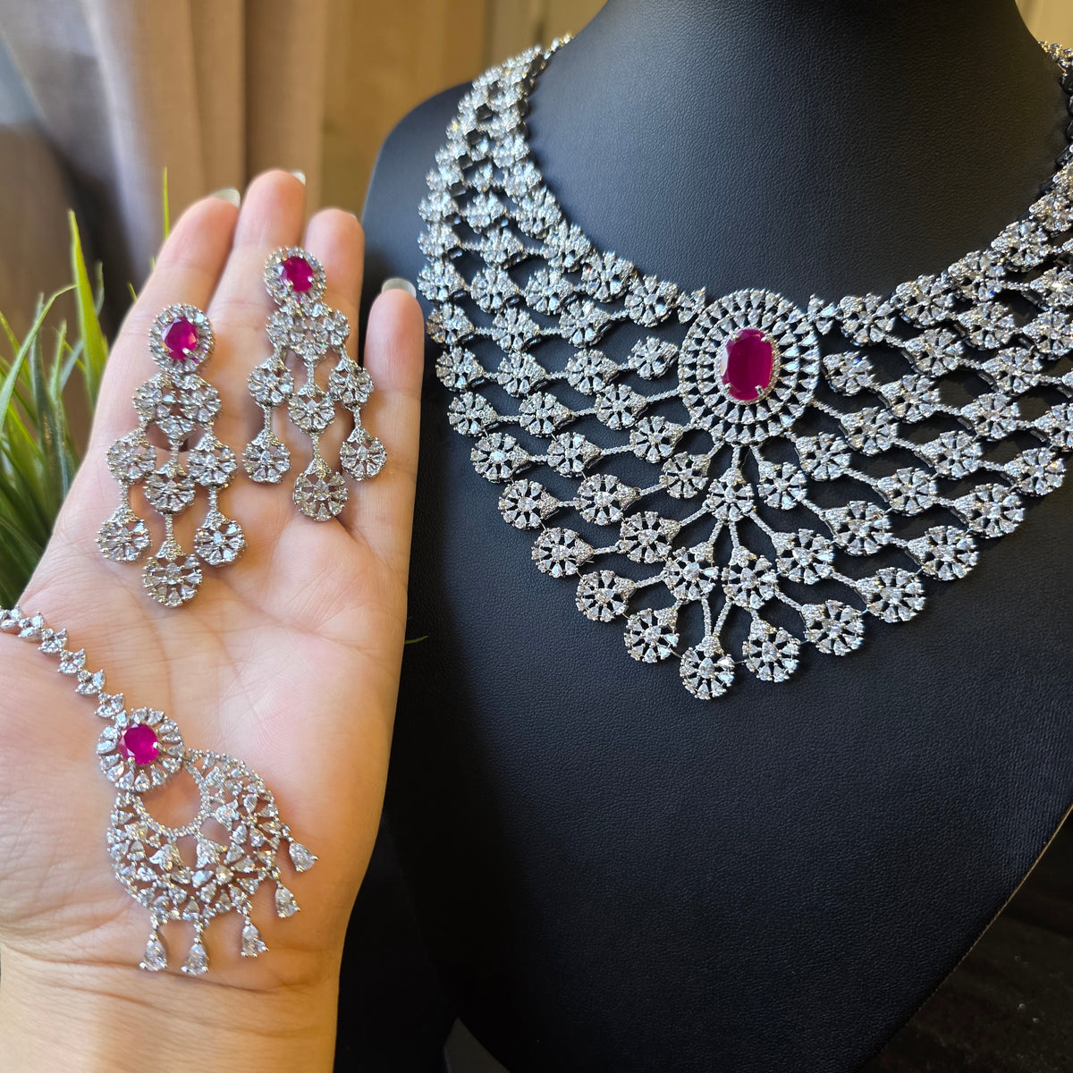 Julia - Bespoke Ruby Statement Necklace Set with Earrings & Tika
