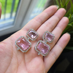 Baby Pink Quartz Necklace Set with Cubic Zirconia - White Gold Plated