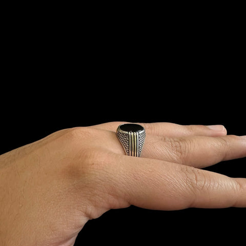 925 Silver Turkish Mens Ring With Black Onyx Stone (Size: V)