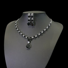 Black Quartz Necklace Set With Cubic Zirconia - White Gold Plated