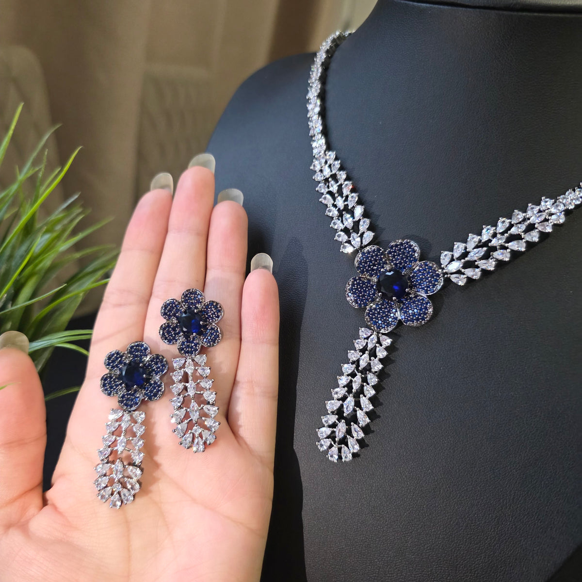 Lydia - Floral Sapphire Blue Necklace Set with Earrings