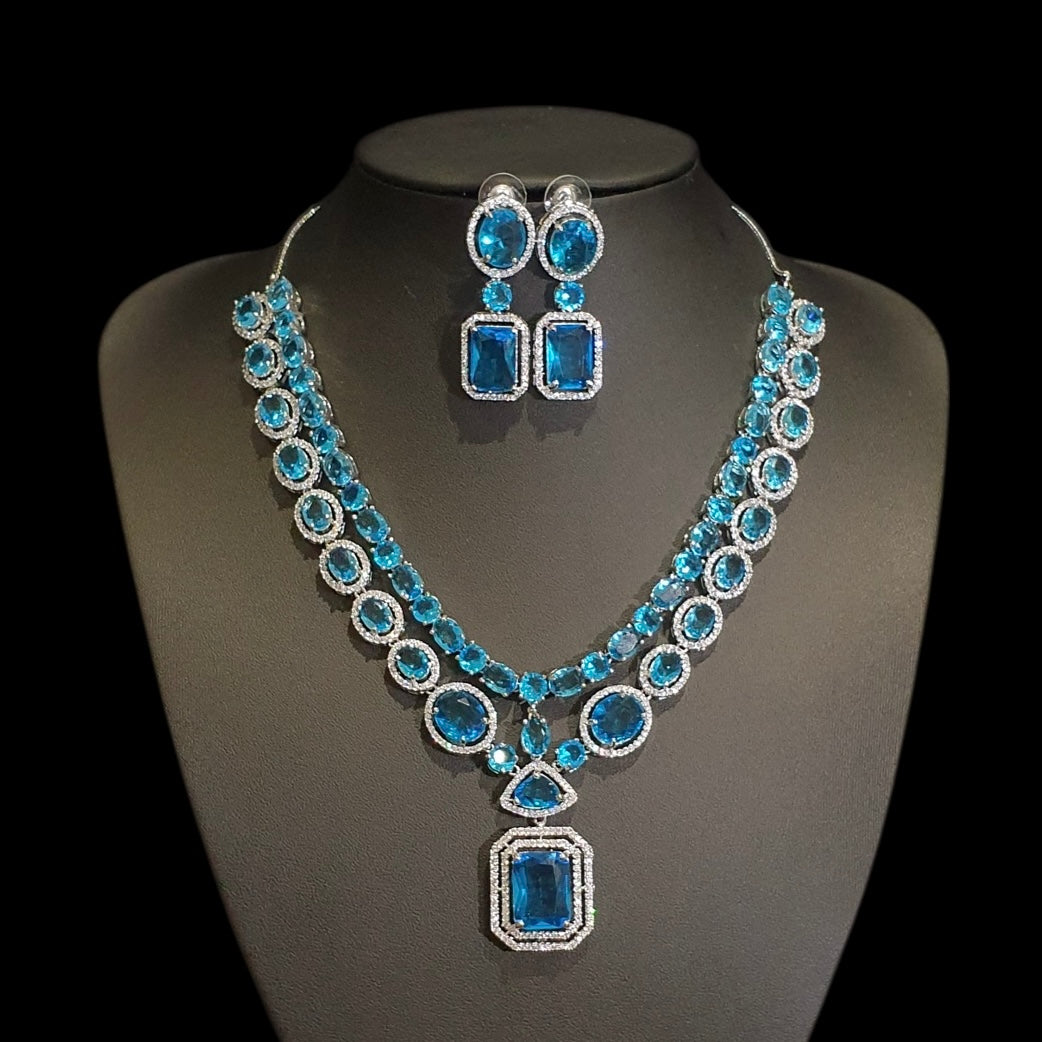 Blue Topaz Necklace Set With Cubic Zirconia - White Gold Plated