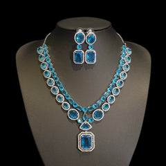 Blue Topaz Necklace Set With Cubic Zirconia - White Gold Plated