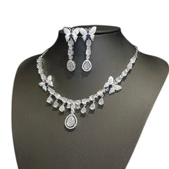 Grey Quartz Necklace Set With Cubic Zirconia - White Gold Plated
