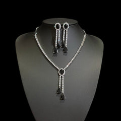 Black Stone Necklace Set with Cubic Zirconia – White Gold Plated