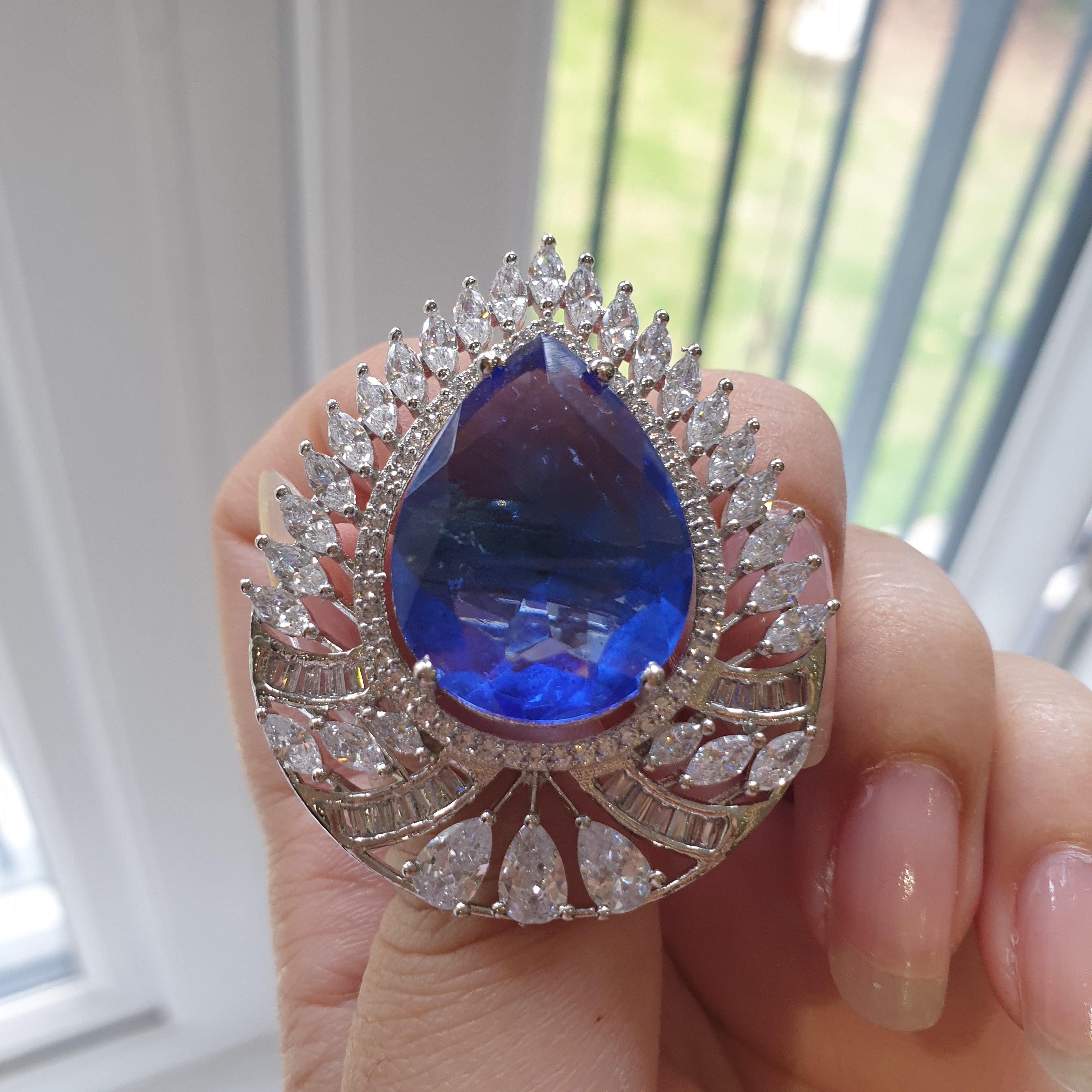 Vivid Blue Sapphire Pear Cut Size Adjustable Ring