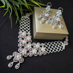 Pink Stone Necklace Set with Cubic Zirconia & Pearls – White Gold Plated