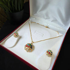 Misha - Gold Gemstones Pendant Necklace Set with Earrings