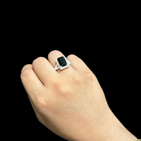 925 Silver Womens Ring With Lab Made Black Onyx (Size: M)