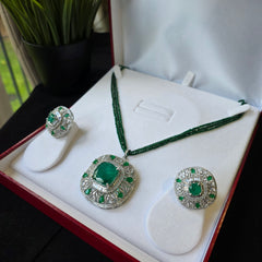 Noor - Doublet Emerald Green Pendant Long Chain Set with Earrings